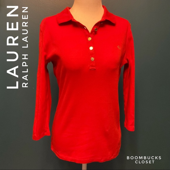 Lauren Ralph Lauren Red Orange 3/4 sleeve Polo Shirt - Picture 3 of 13